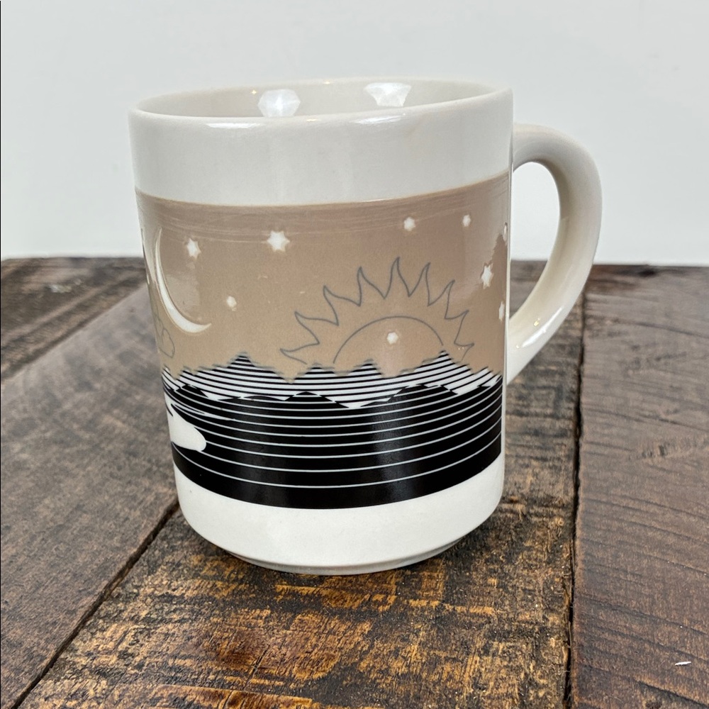 Celestial Sunrise Ceramic Mug The Nature Company 1989 Beige Black White Neutral